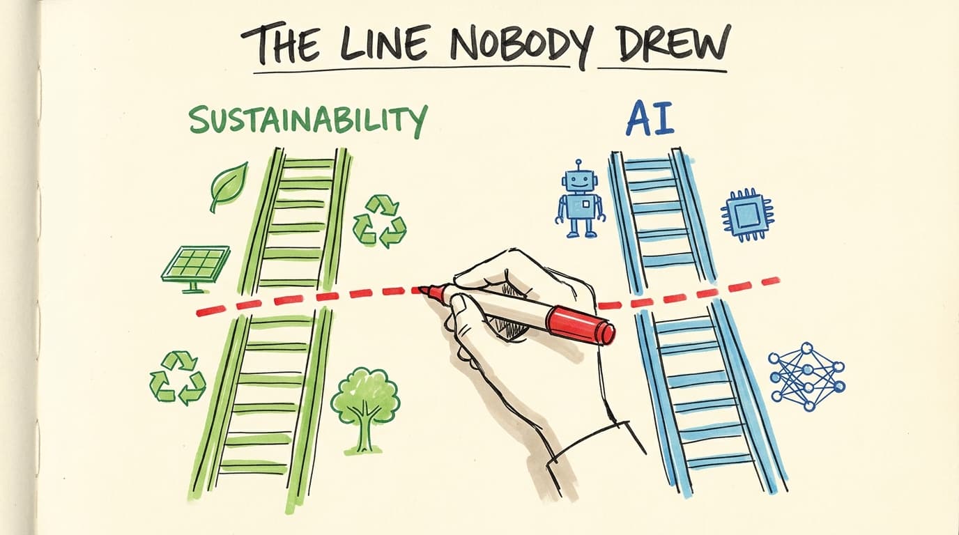 Copic-style illustration of two parallel conference tracks — a green sustainability track and a blue AI track — with a hand drawing a red dashed line between them. Caption reads 'THE LINE NOBODY DREW'.